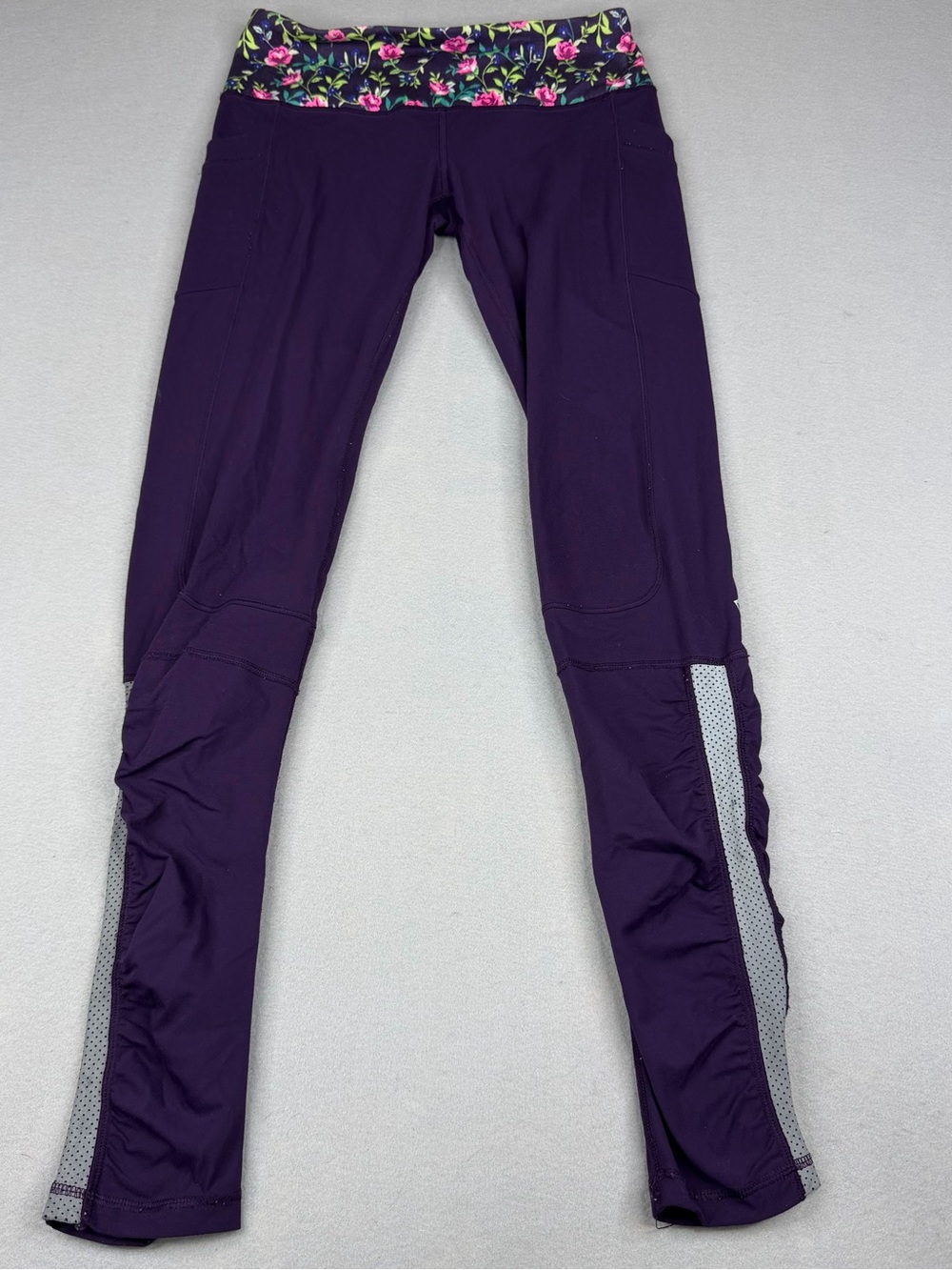 Ivivva by Lululemon Girls 14 Purple Floral Mesh Ruched Leggings Pockets